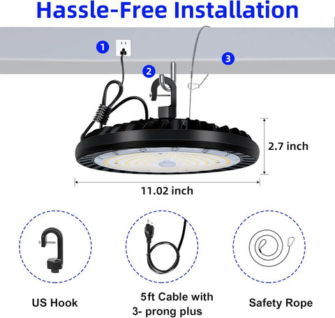 Installation diagram of Two Pack 150W LED High Bay Light 5000K UFO Fixture With US Plug 100-277V 19,500 Lumens IP65 Wet Location.