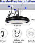 200W UFO LED High Bay Light 5000K With US Plug, 26,000 Lumens, dimensions 11.02x2.7 inches, includes hook, safety rope