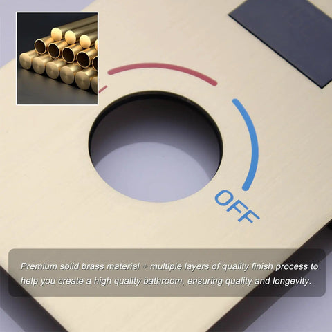 Five Function Shower Mixing Valve In Brushed Gold With Digital Temperature Display, Pressure Balanced Anti-Scald Valve For Safe, Drama-Free Family Showers, Easy Install, Modern Bath Upgrade, brushed gold brass, OFF dial