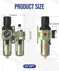 Three Eighths Inch NPT Air Regulator With Gauge And Water Separator Kit, shown with size dimensions and brass fittings