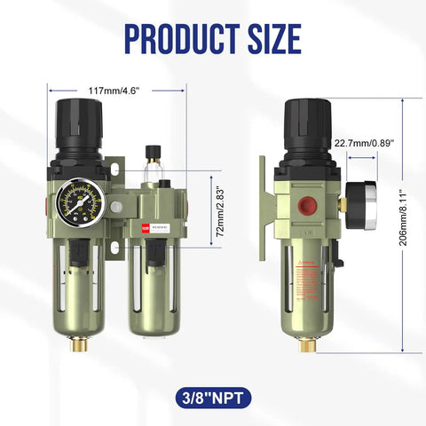 Three Eighths Inch NPT Air Regulator With Gauge And Water Separator Kit, shown with size dimensions and brass fittings