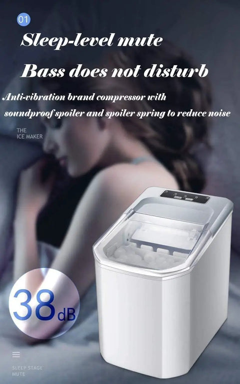 Smooth Operator Countertop Ice Maker Chills Out 33 Pounds Daily Of Snap Frozen Bullet Ice Ready In Eight Minutes With Simple One Button Push And Sharp Black Shell Made For Home Bars Or Weekend Kickbacks, showing quiet operation 38 dB.