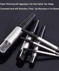 Close-up of 6 Piece Stripped Screw Extractor And Damaged Bolt Remover Set For DIYers with left-hand spiral tips shown on black surface