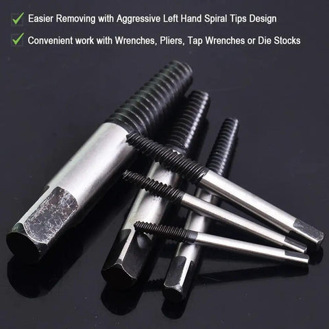 Close-up of 6 Piece Stripped Screw Extractor And Damaged Bolt Remover Set For DIYers with left-hand spiral tips shown on black surface