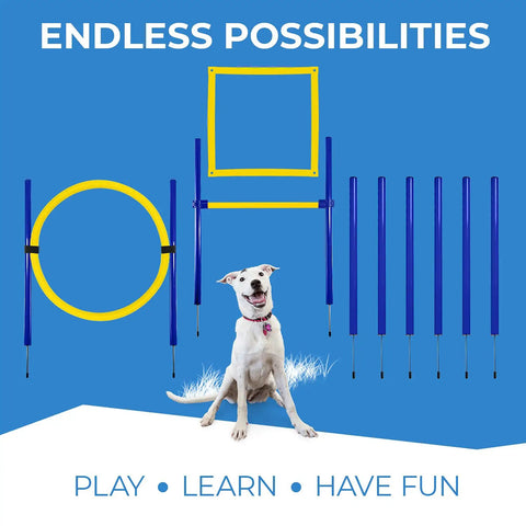 Dog Agility Set With Hoop Jump Weave Poles And Pause Box, Interactive Obstacle Course For Dogs, featuring yellow hoops and paws
