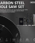 METOTY carbon steel hole saw set, 22-piece kit with hole saws, extension rods, wood cutters, center drill front view