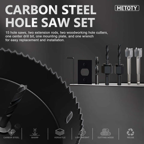 METOTY carbon steel hole saw set, 22-piece kit with hole saws, extension rods, wood cutters, center drill front view