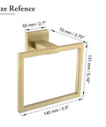 Brushed Gold Stainless Steel Towel Ring And Square Wall Mounted Towel Bar Set showing size dimensions, modern design