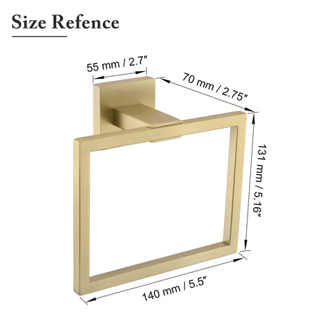 Brushed Gold Stainless Steel Towel Ring And Square Wall Mounted Towel Bar Set showing size dimensions, modern design