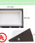 100W LED wall pack light dimensions with UL rating, front and side view showing 13.1 x 9.6 x 5 inches