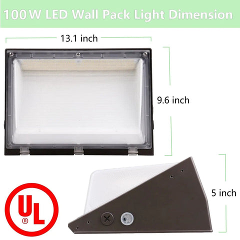 100W LED wall pack light dimensions with UL rating, front and side view showing 13.1 x 9.6 x 5 inches