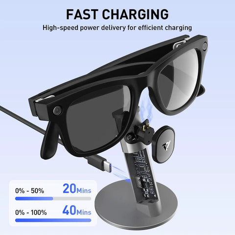 Aluminum Charging Stand For Ray-Ban Meta Smart Glasses Portable Dock With SuperFast Charge In 40 Minutes And Fifty Percent In 20 Minutes