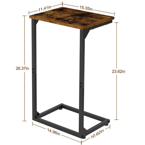 C Shaped End Tables Set Of 2 That Slide Under Your Sofa, rustic brown surface, black metal frame, dimensions shown, Model HET02BBR