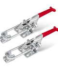 Heavy Duty Toggle Clamp Two Pack Delivers A Badass 700 Pound Solid Hold With Adjustable U Bolt And Anti Slip Grip For Woodworking Jigs Truck Racks Tool Chests Cabinets And Smokers, featuring zinc steel base and red handle.
