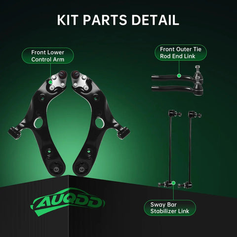 Beefed Up Six Piece Front End Suspension Kit For 2012 2018 Toyota Prius V 2017 2018 Toyota Corolla iM And 2008 2015 Scion xB Includes Two Front Lower Control Arms With Ball Joints Two Sway Bar Links And Two Outer Tie Rod Ends.; black steel front control arms, tie rod ends, and sway bar links