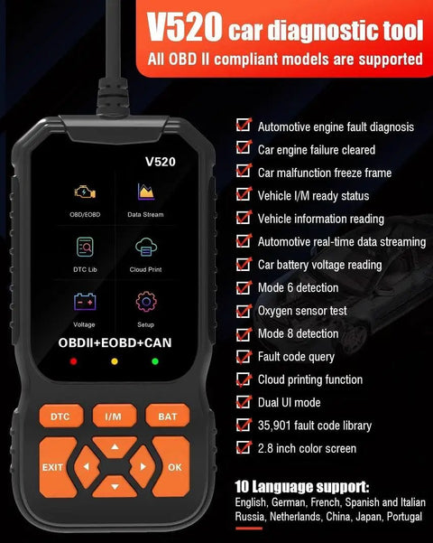 Heavy Duty OBD2 Diagnostic Scanner That Straight Up Clears Check Engine Flags Pulls Freeze Frame Codes And Streams Live Data While Getting Your Rig Back On Road Fast, featuring V520 model, colorful interface and buttons.
