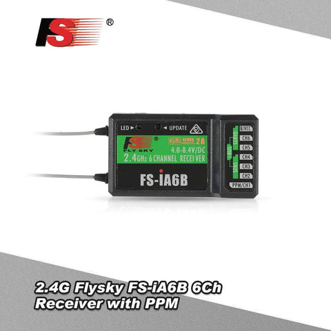 Ultra Lightweight 6 Channel 2.4GHz RC Receiver with AFHDS2A showing dual 26mm antennas and data ports for planes and cars