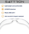 24 Pack Clear Safety Glasses With UV Protection And ANSI Z87.1 Rating For Men And Women, shown against features list