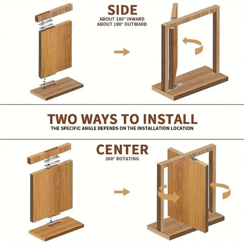 Installation methods for Rock Solid Heavy Duty Pivot Hinge Set For Secret Doors And Hidden Compartments, showing side and center use.