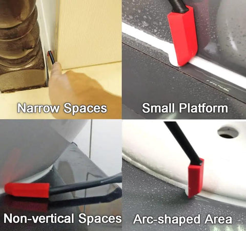 Ten Piece Caulking Tool Kit With Silicone Finishing Tools For Tight Areas Rotatable Handle And Nine Replacement Pads For Bathroom Kitchen Window And Sink Reaching Every Corner For A Slick Pro Finish shown in use on narrow spaces, small platforms, non-vertical spaces, and arc-shaped areas.