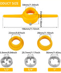PVC Pipe Thread Maker Tool Kit With 12 Pcs Dies size chart showing yellow T-handle and circular die measurements for threading.