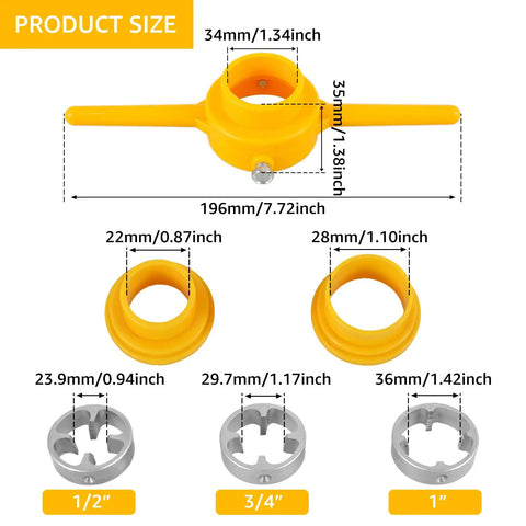 PVC Pipe Thread Maker Tool Kit With 12 Pcs Dies size chart showing yellow T-handle and circular die measurements for threading.