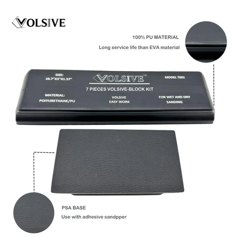 Pro Grade Set Of 7 Hand Sanding Blocks With PSA Base, black PU material, for auto body and woodworking projects.