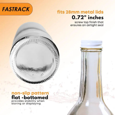 Go To 12 Pack Clear Glass Bottles With No Sweat White Screw Caps Ideal For Bottling DIY Wine Craft Liquor Small Batch Beer Plus Zesty Smoothies Anytime You Want To Save Money, showing screw top and flat bottom. 