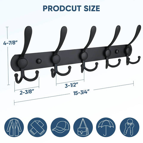 Wall Mounted Coat Rack With Five Heavy Duty Tri Hooks Easy To Mount All Metal Construction Matte Black Finish Holds Jackets Hats And Bags Up To 11 Lbs Per Hook Ideal For Mudroom Or Entryway Organization product size diagram.