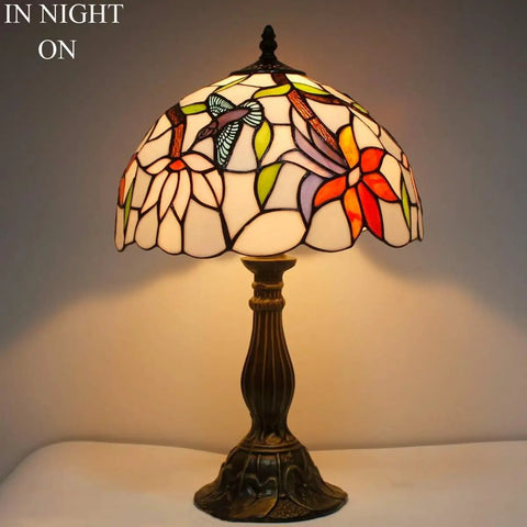 Tiffany Style Hummingbird Stained Glass Table Lamp With 12 Inch Shade And 18 Inch Tall Antique Green Bronze Base Ideal Bedside Desk Reading Light