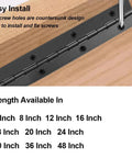 Close-up of black heavy duty 304 stainless steel piano hinge installation with screws for marine cabinets and doors, 24 inch length