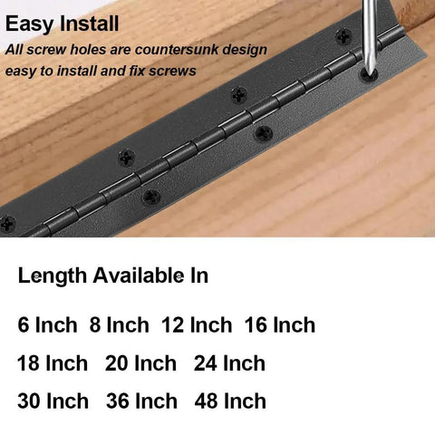 Close-up of black heavy duty 304 stainless steel piano hinge installation with screws for marine cabinets and doors, 24 inch length