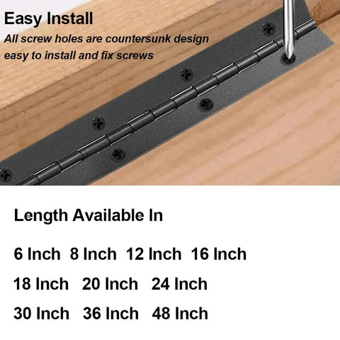 Killer Quality 36 Inch Heavy Duty Stainless Steel Piano Hinge In Sleek Black Finish With Packaged Mounting Screws For Cabinets And Marine Doors Smooth Action Built Damn Tough No Sweat Setup, showcasing countersunk screw holes for easy installation.