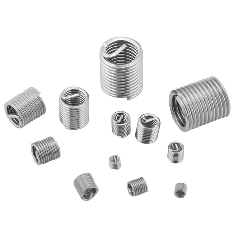 Stainless Steel Wire Thread Insert Kit, 60 Pcs, Metric M8 M10 Thread Repair Inserts scattered on white background