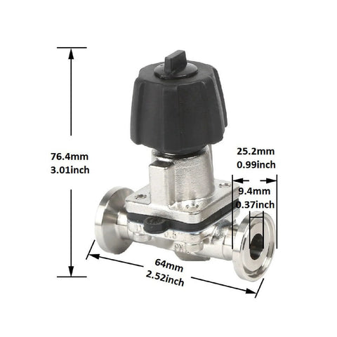 QiiMii SS316 1/2-inch tri-clamp diaphragm valve with EPDM/PTFE membrane and black knob