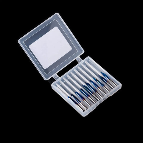 Triangular CNC Router Bit Set 0.1mm V-Bits With Nano Blue Coating And Sharp Pyramid Tips, 1/8 Inch Shank, 20/30/45/60/90 Degree Engraving Bits