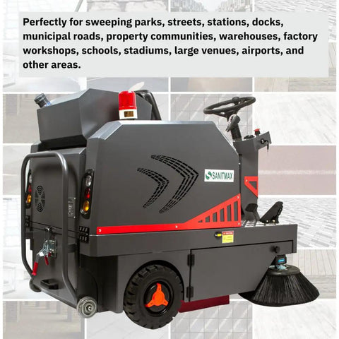 Ready To Roll Ride On Industrial Floor Sweeper Packaged With Long Life Lithium Battery And Grip Tight Solid Tires for sweeping various surfaces.