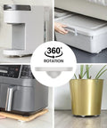 Eight-pack white Aieve self-adhesive appliance caster wheels; swivel rollers shown on a coffee maker and plant pot.