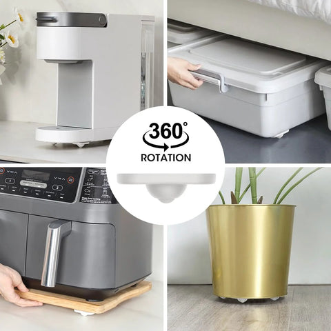 Eight-pack white Aieve self-adhesive appliance caster wheels; swivel rollers shown on a coffee maker and plant pot.