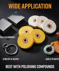 Heavy Duty Four Inch Cotton Buffing Wheels With Half Inch Arbor For Knockout Polishing On Metals Wood Plastics And Jewelry Rotary Tool Attachments Smooth As Butter Finish, displayed with jewelry and metal items.