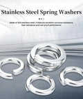 Big 1200Pcs M8 201 Stainless Steel Spring Lock Washers Set for Industrial and DIY Projects, Rust Resistant and Heat Proof, Inner Diameter 0.342in, Thickness 0.083in, Wide 0.087in, Opening 0.207in, Strong Elastic Locking Force. Spring lock washers shown on a display