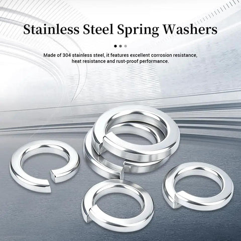 Big 1200Pcs M8 201 Stainless Steel Spring Lock Washers Set for Industrial and DIY Projects, Rust Resistant and Heat Proof, Inner Diameter 0.342in, Thickness 0.083in, Wide 0.087in, Opening 0.207in, Strong Elastic Locking Force. Spring lock washers shown on a display
