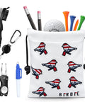 Premium Leather Golf Pouch With Drawstring Closure for balls and tees displaying USA birdie design and accessories, portable organizer bag