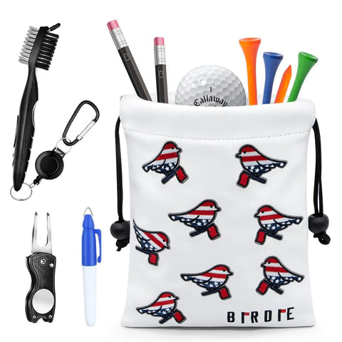 Premium Leather Golf Pouch With Drawstring Closure for balls and tees displaying USA birdie design and accessories, portable organizer bag