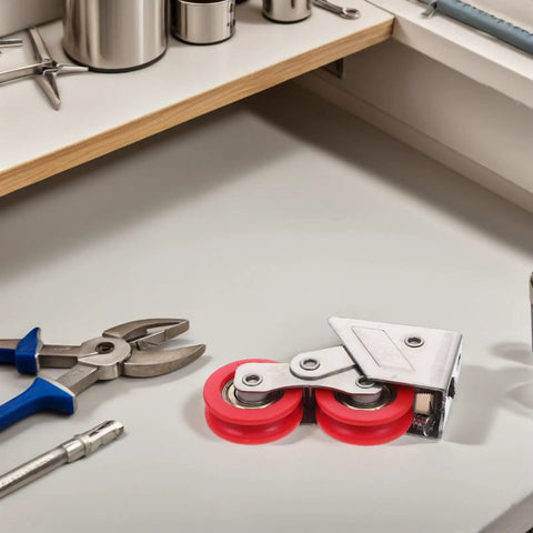 Built Tough Double Wheel Sliding Glass Door Rollers Designed For Slick Operation And Zero Friction Glide Crafted From Heavy Gauge Stainless Steel For Rock Solid Track Hardware Kits Of Two on workbench with pliers.