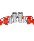 Set of silver Pioneer-style ISO 5675 hydraulic quick-connect couplers with 3/8 NPT threads and red protective caps