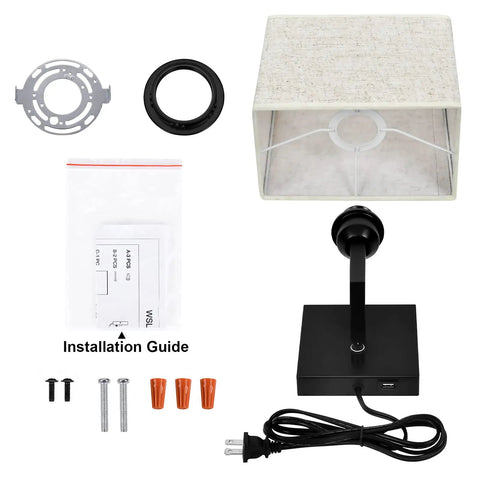Cozy Plug In Wall Lamp With Dimmer And USB Port, Rustic Contemporary Wall Sconce With Fabric Shade, all parts included