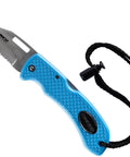 Folding Dive Knife For Scuba And Spearfishing With Stainless Steel Flip Blade Blue Handle Versatile Saltwater Tool To Cut Lines Nets And Weed Includes Secure Wrist Strap For Quick Access