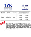 Specification chart for TYK Industries inner tubes, showing sizes and valve types. Fits 7.5L-14 to 9.5L-15, TR13 valve.