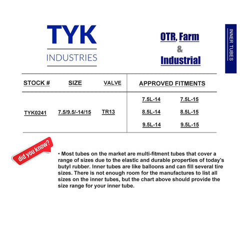 Specification chart for TYK Industries inner tubes, showing sizes and valve types. Fits 7.5L-14 to 9.5L-15, TR13 valve.